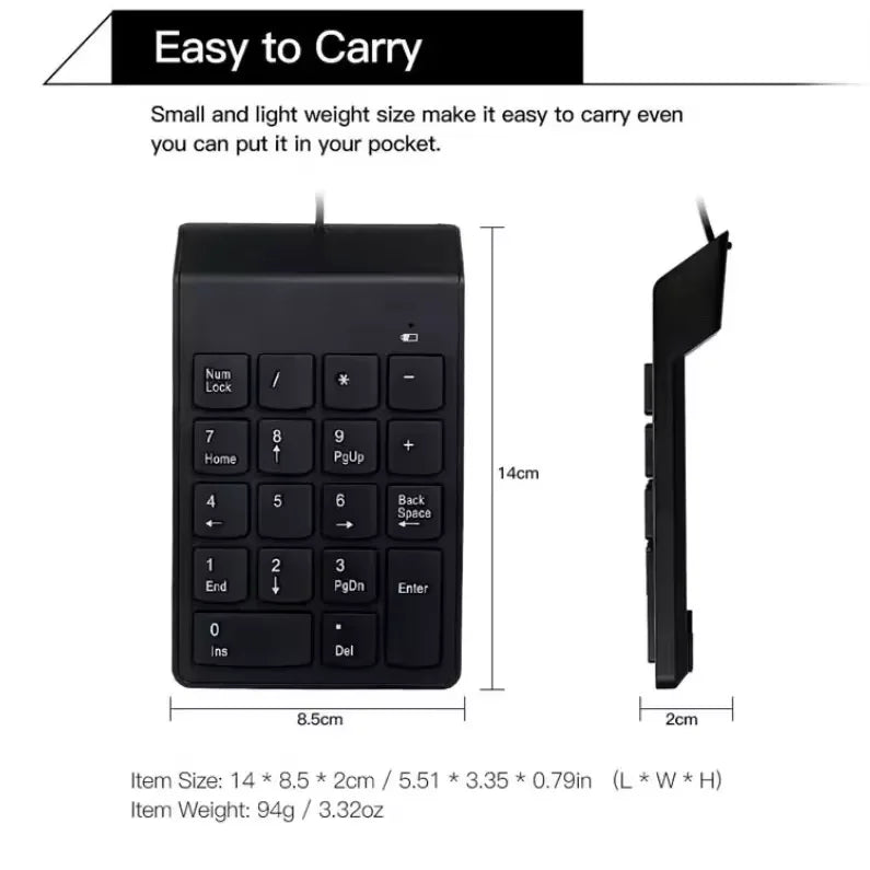 Mini Portable Numeric Keyboard USB 18 Keys Compact Ideal PC and Notebook Quick Connection and Practice Typing and Calculation Office