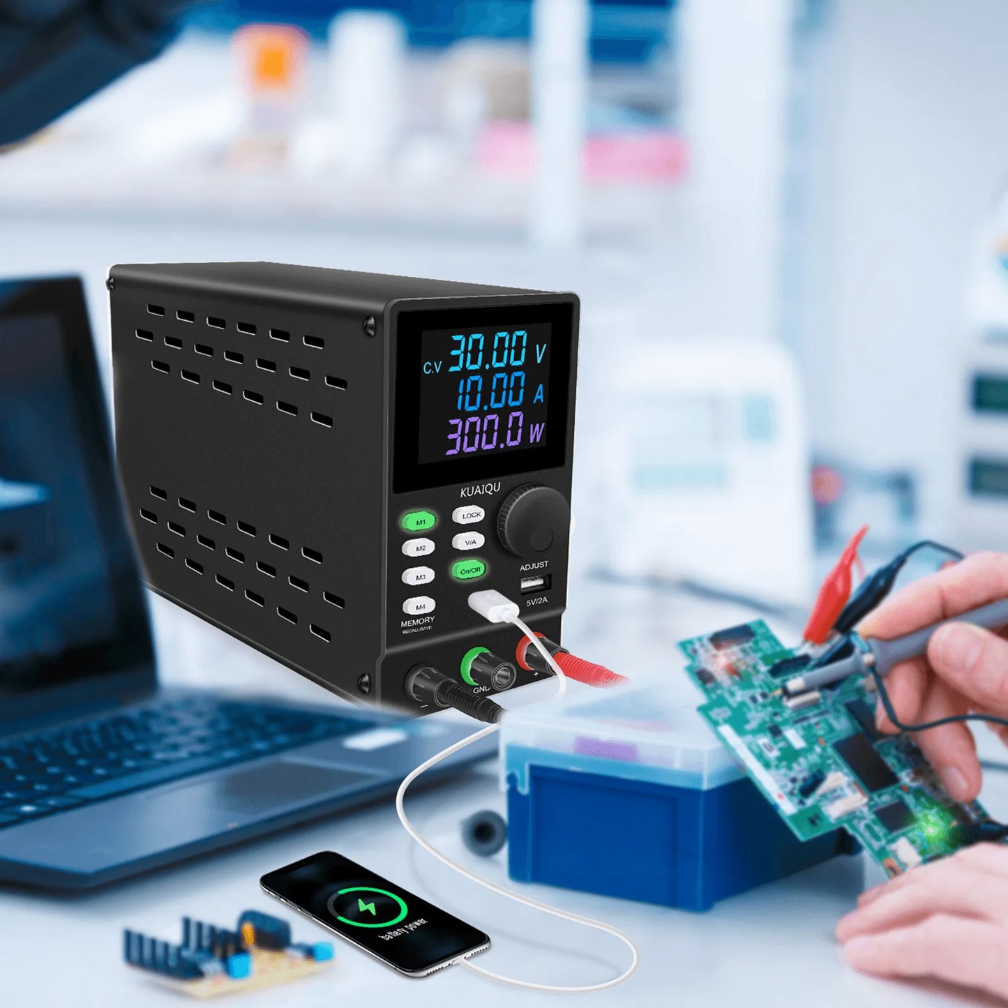 KUAIQU DC Power Supply Variable, 30V 10A Programmable Adjustable Regulated Lab Bench Power Supply with PC Software,Output Switch
