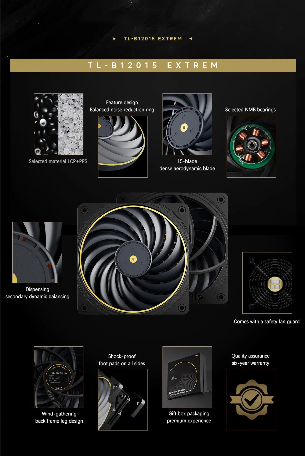 Thermalright TL-B12015 EXTREM 12cm chassis cooling fan/120x120x15mm/LCP fan blades/double ball bearings/low noise/PPS frame