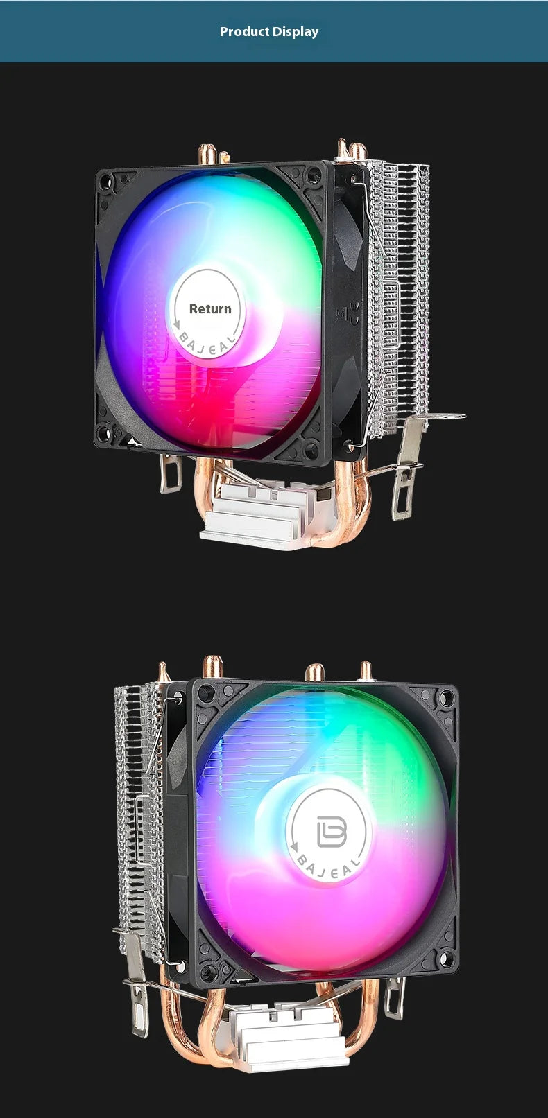 Bajeal A200 CPU Cooler 2 Heatpipes 90mm Backlit Fan Compatible with Intel 1155/AMD Multi-Platforms Dual-Heat Full Compatibility