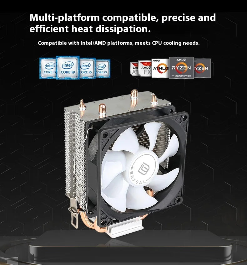 Bajeal A200 CPU Cooler 2 Heatpipes 90mm Backlit Fan Compatible with Intel 1155/AMD Multi-Platforms Dual-Heat Full Compatibility