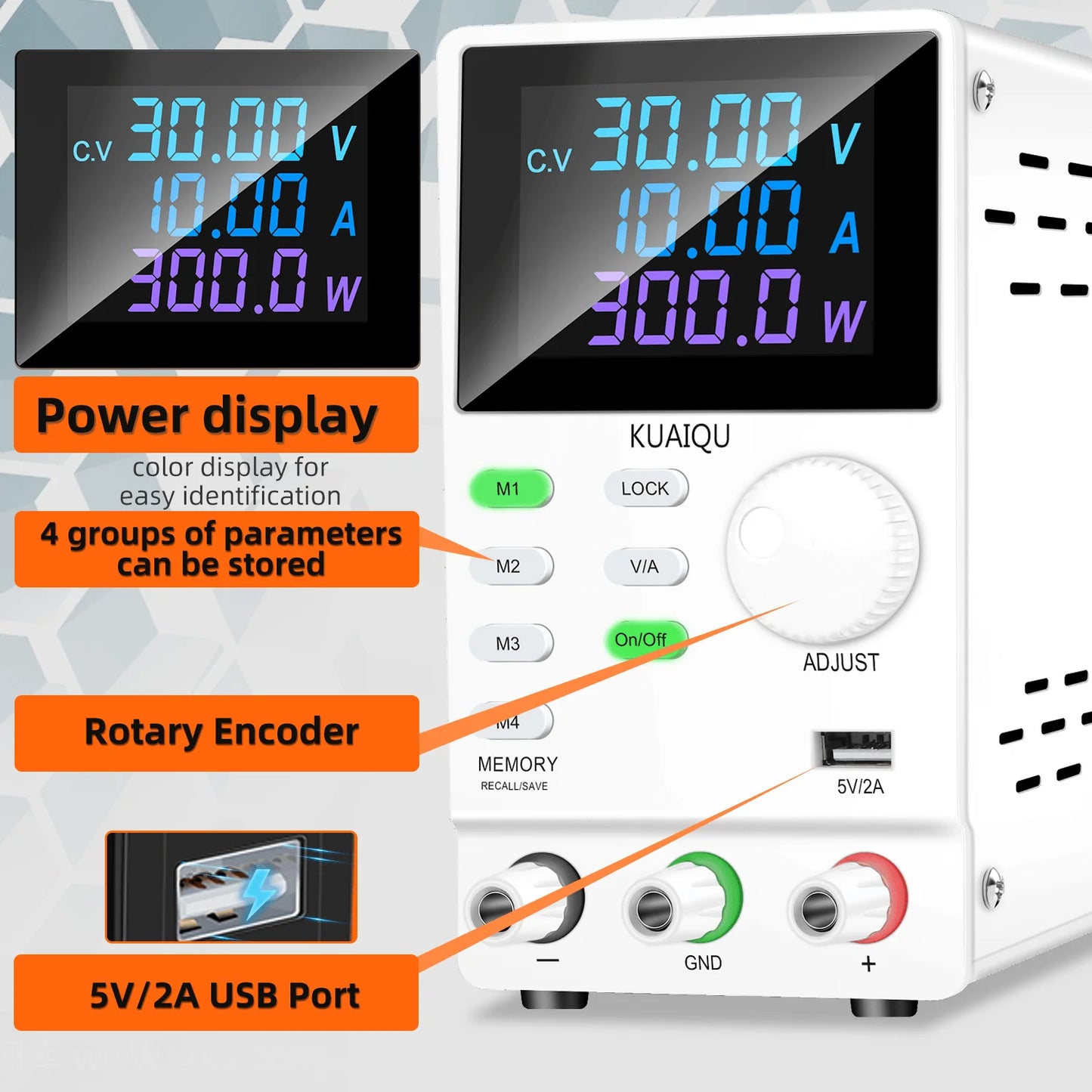 KUAIQU DC Power Supply Variable, 30V 10A Programmable Adjustable Regulated Lab Bench Power Supply with PC Software,Output Switch