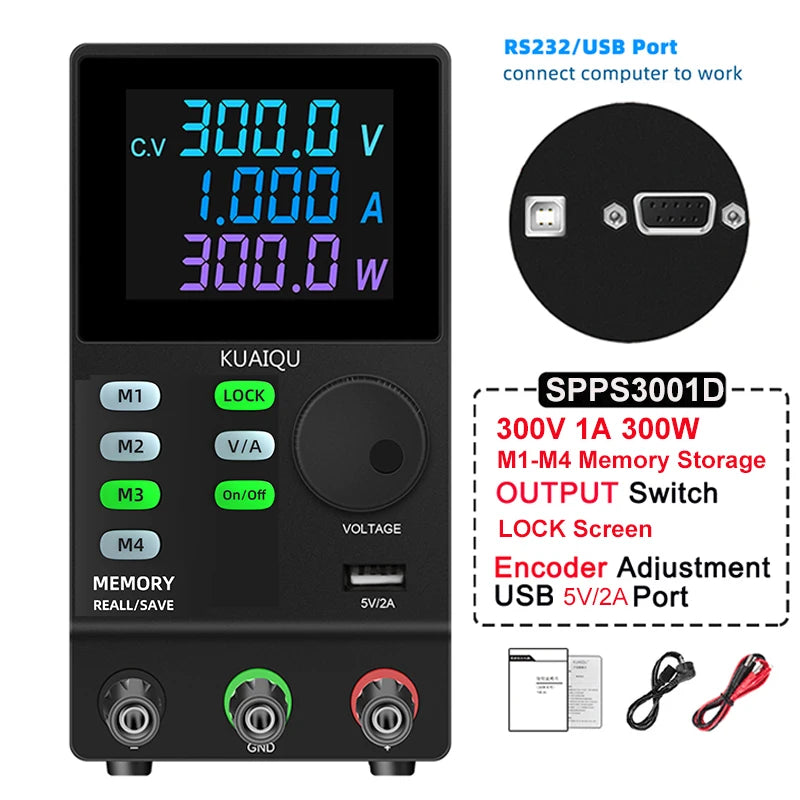 KUAIQU DC Power Supply Variable, 30V 10A Programmable Adjustable Regulated Lab Bench Power Supply with PC Software,Output Switch
