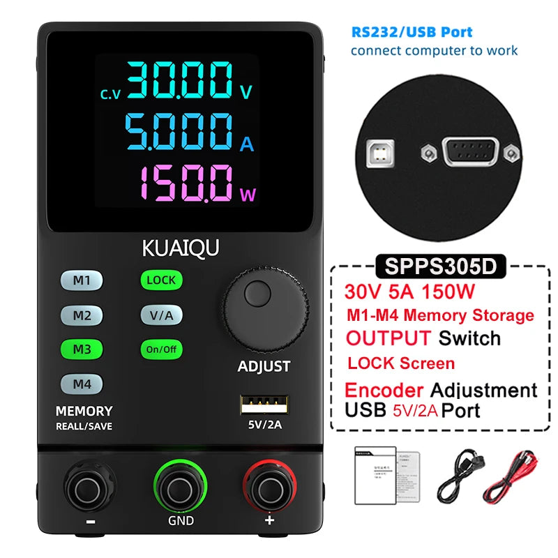KUAIQU DC Power Supply Variable, 30V 10A Programmable Adjustable Regulated Lab Bench Power Supply with PC Software,Output Switch