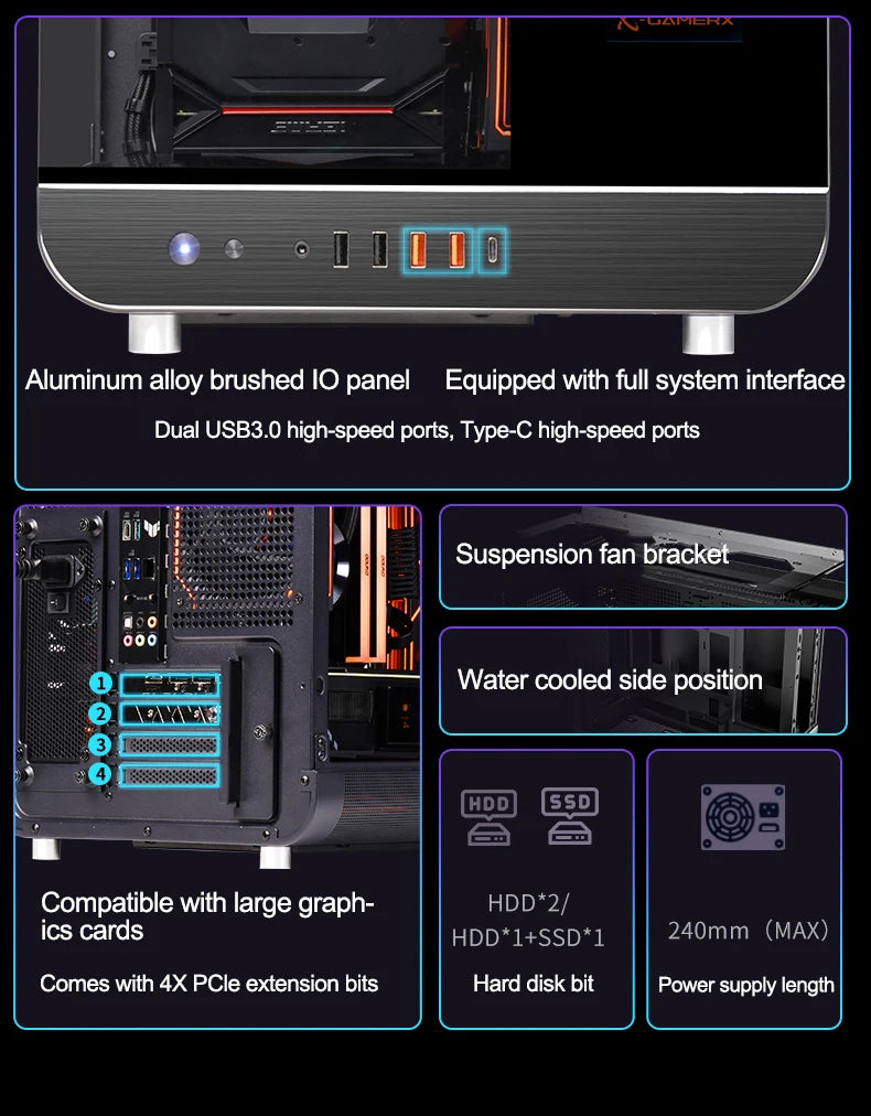 X-GAMERX HUANYI WING MATX Seaview room Case Vertical Desktop Computer 360 Water-cooled Chassis TYPE-C Interface With Screen