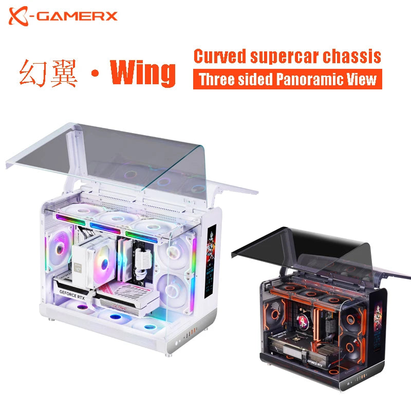 X-GAMERX HUANYI WING MATX Seaview room Case Vertical Desktop Computer 360 Water-cooled Chassis TYPE-C Interface With Screen