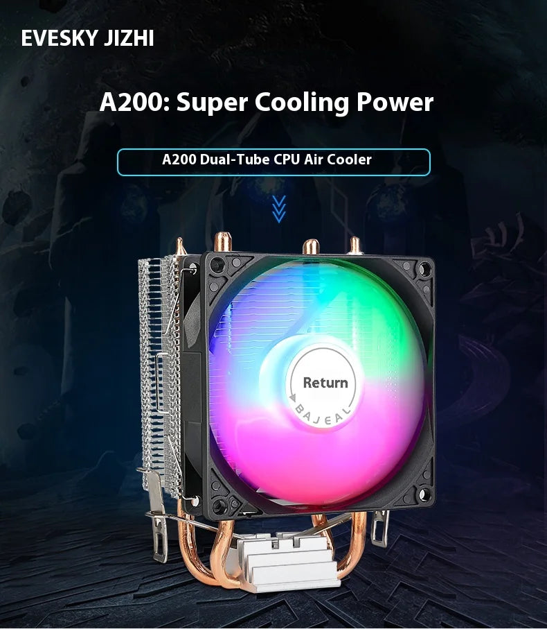 Bajeal A200 CPU Cooler 2 Heatpipes 90mm Backlit Fan Compatible with Intel 1155/AMD Multi-Platforms Dual-Heat Full Compatibility
