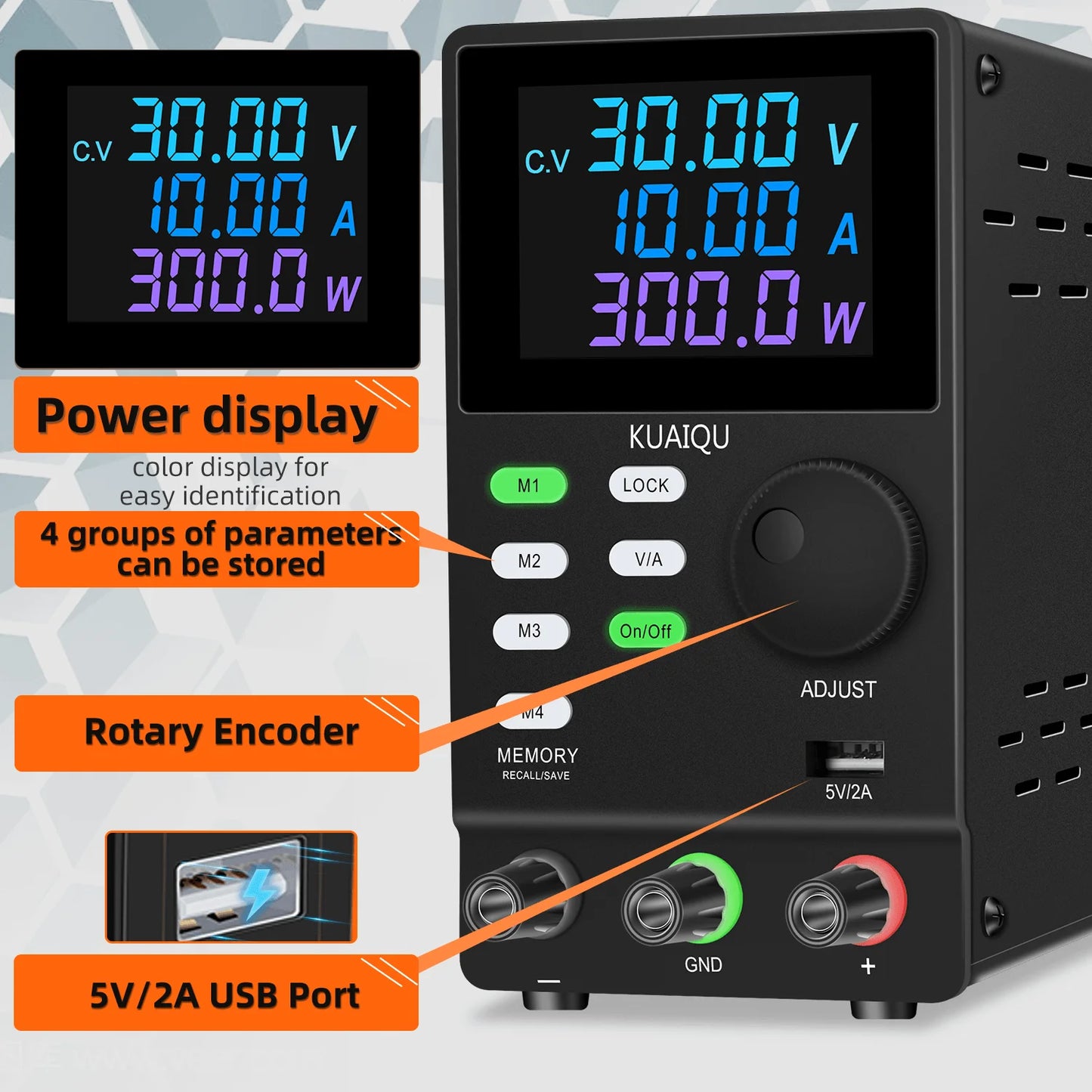 KUAIQU DC Power Supply Variable, 30V 10A Programmable Adjustable Regulated Lab Bench Power Supply with PC Software,Output Switch