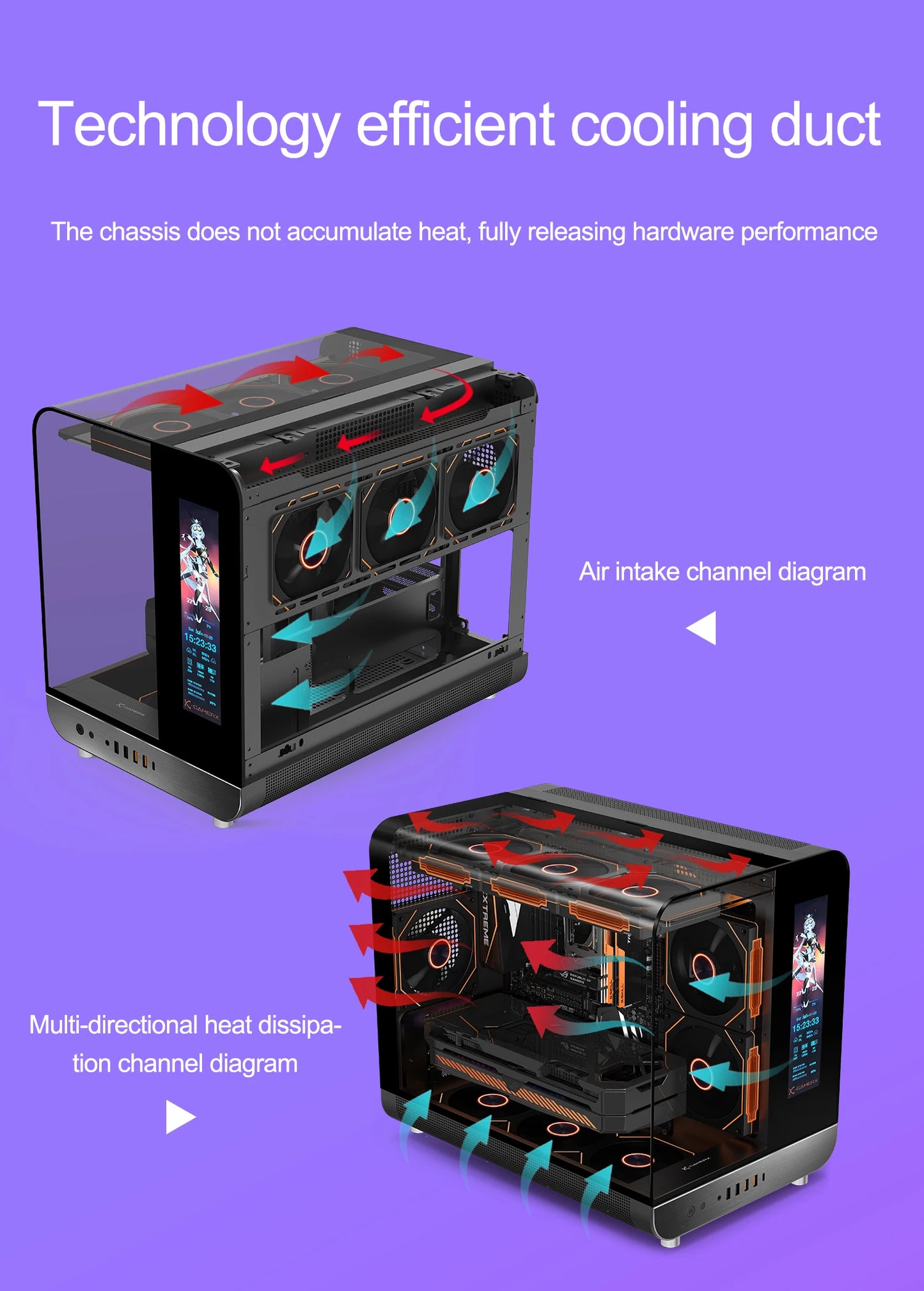 X-GAMERX HUANYI WING MATX Seaview room Case Vertical Desktop Computer 360 Water-cooled Chassis TYPE-C Interface With Screen