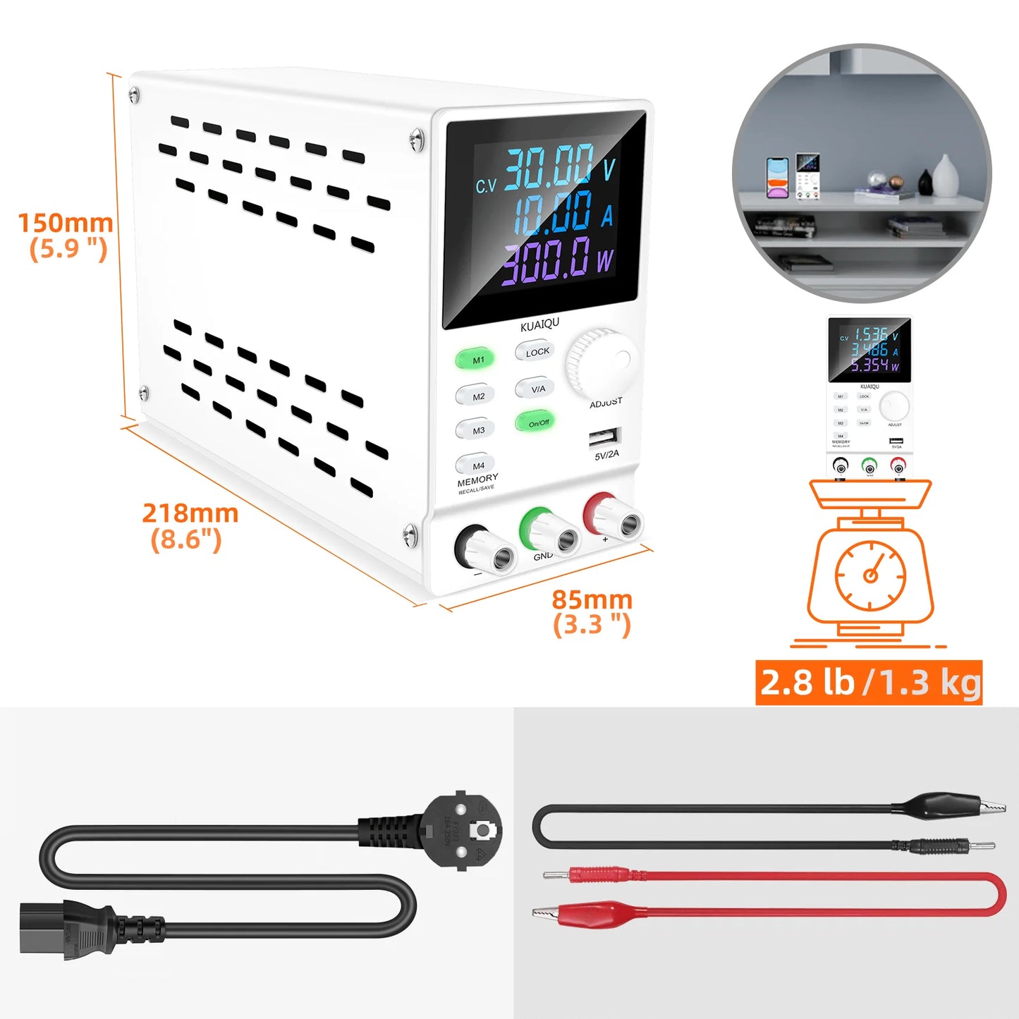 KUAIQU DC Power Supply Variable, 30V 10A Programmable Adjustable Regulated Lab Bench Power Supply with PC Software,Output Switch