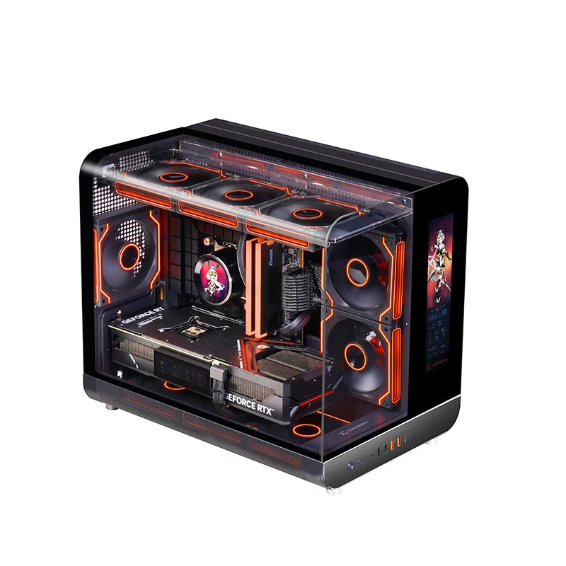 X-GAMERX HUANYI WING MATX Seaview room Case Vertical Desktop Computer 360 Water-cooled Chassis TYPE-C Interface With Screen