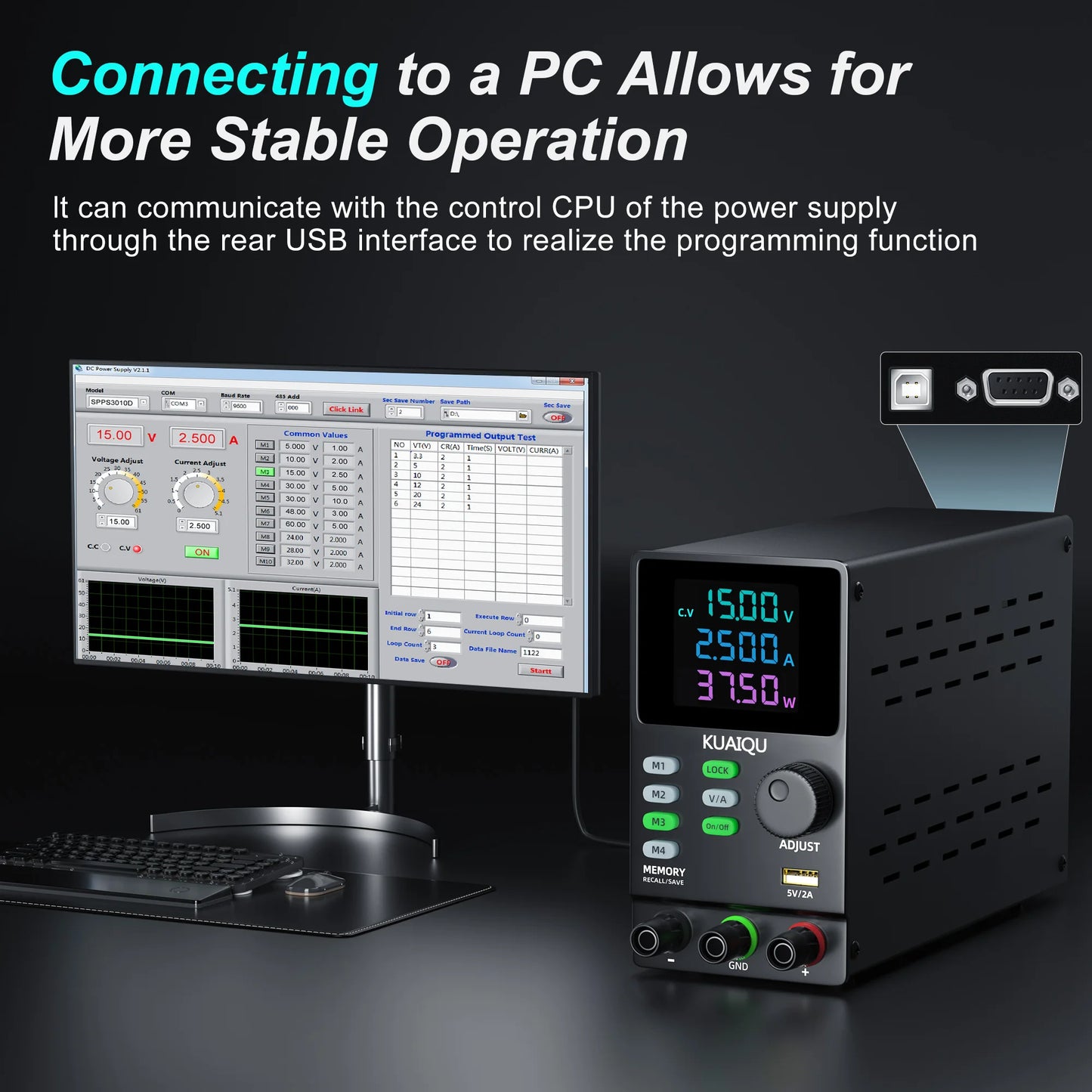 KUAIQU DC Power Supply Variable, 30V 10A Programmable Adjustable Regulated Lab Bench Power Supply with PC Software,Output Switch