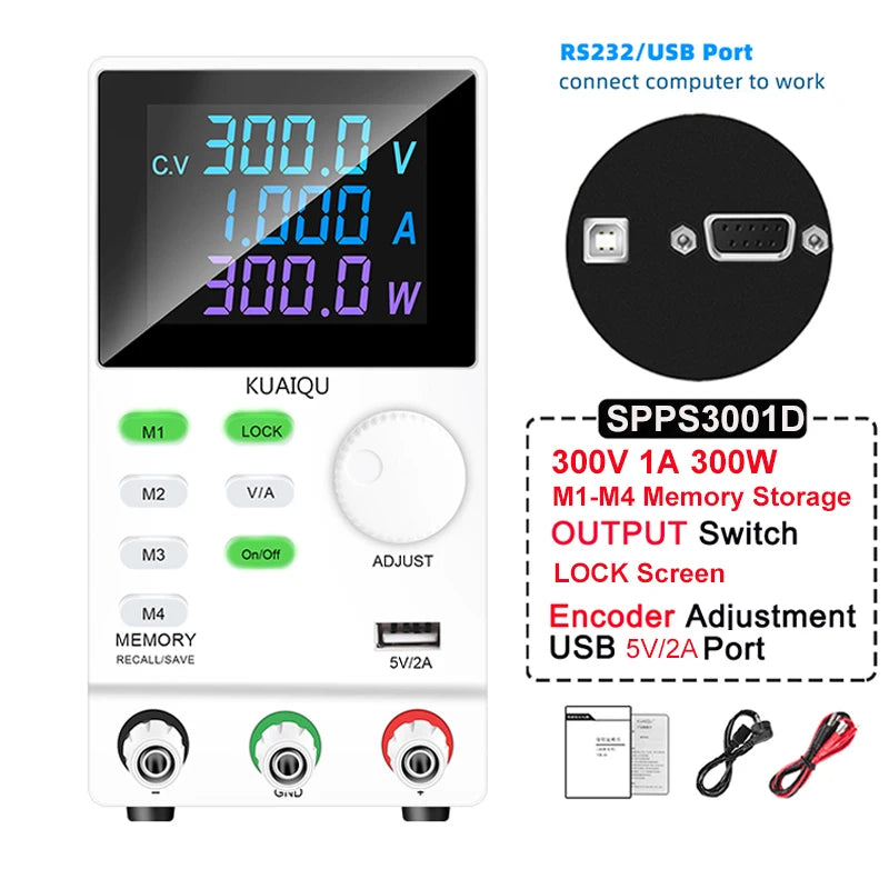 KUAIQU DC Power Supply Variable, 30V 10A Programmable Adjustable Regulated Lab Bench Power Supply with PC Software,Output Switch