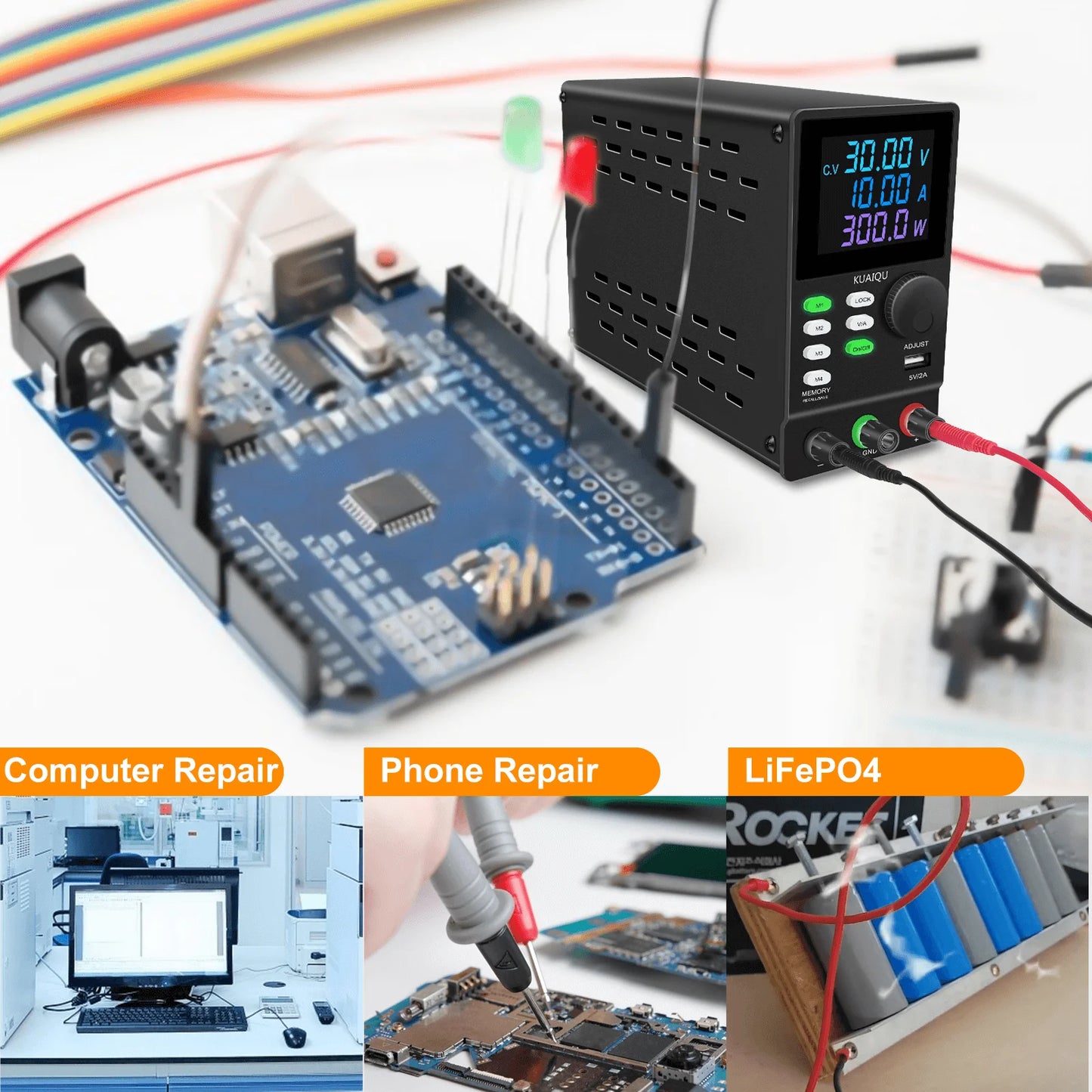 KUAIQU DC Power Supply Variable, 30V 10A Programmable Adjustable Regulated Lab Bench Power Supply with PC Software,Output Switch