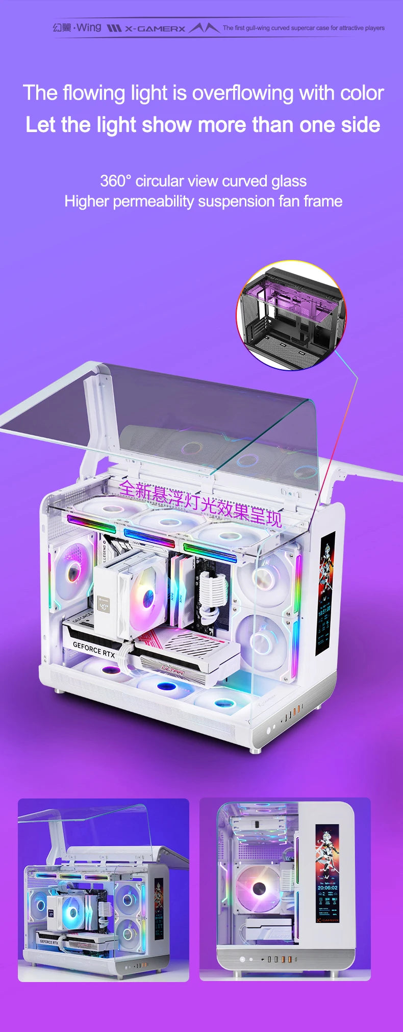 X-GAMERX HUANYI WING MATX Seaview room Case Vertical Desktop Computer 360 Water-cooled Chassis TYPE-C Interface With Screen