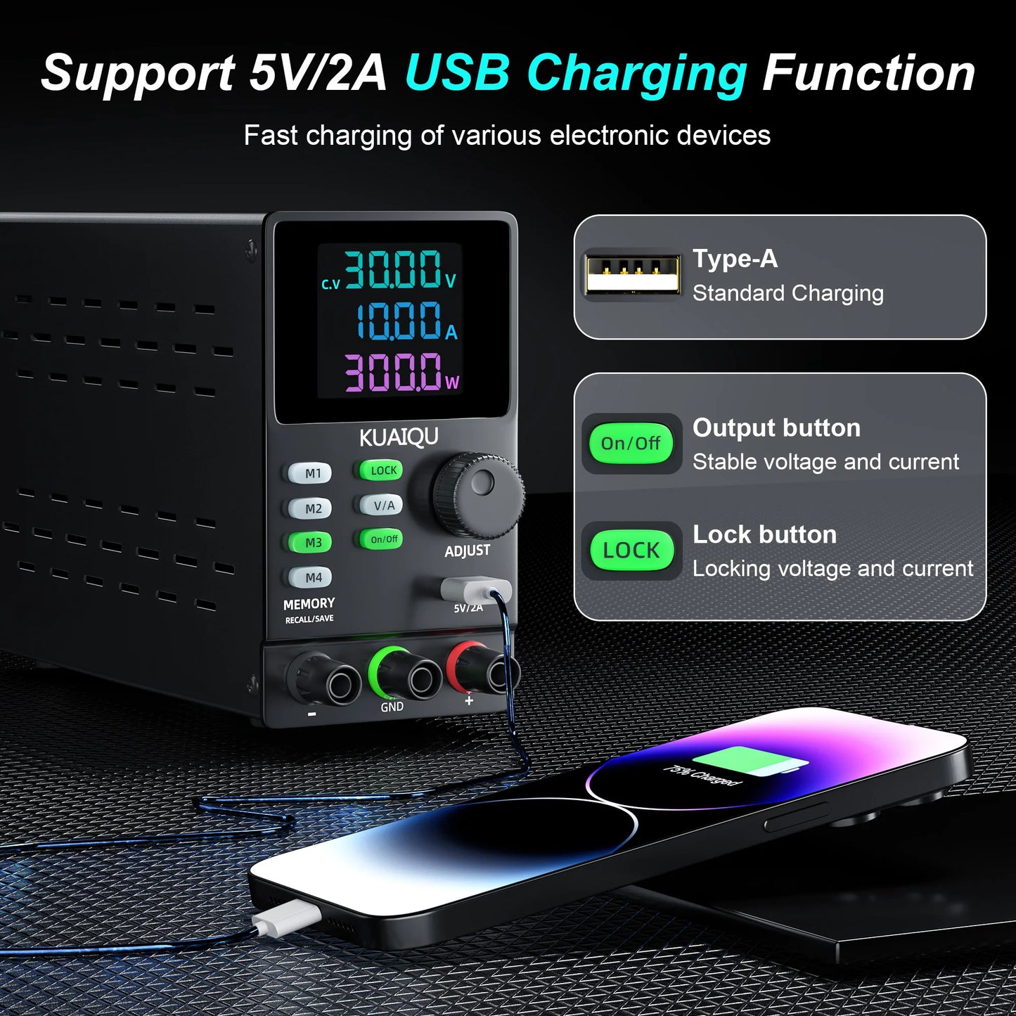 KUAIQU DC Power Supply Variable, 30V 10A Programmable Adjustable Regulated Lab Bench Power Supply with PC Software,Output Switch