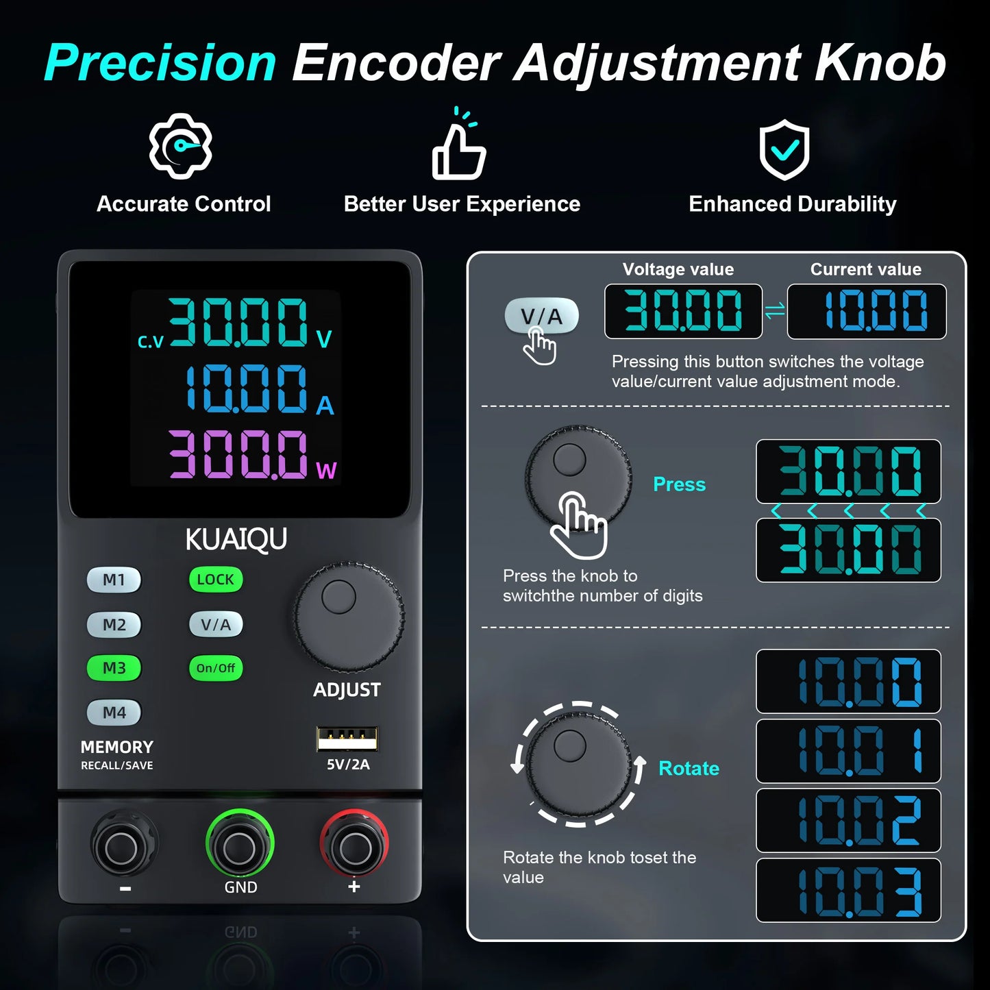 KUAIQU DC Power Supply Variable, 30V 10A Programmable Adjustable Regulated Lab Bench Power Supply with PC Software,Output Switch