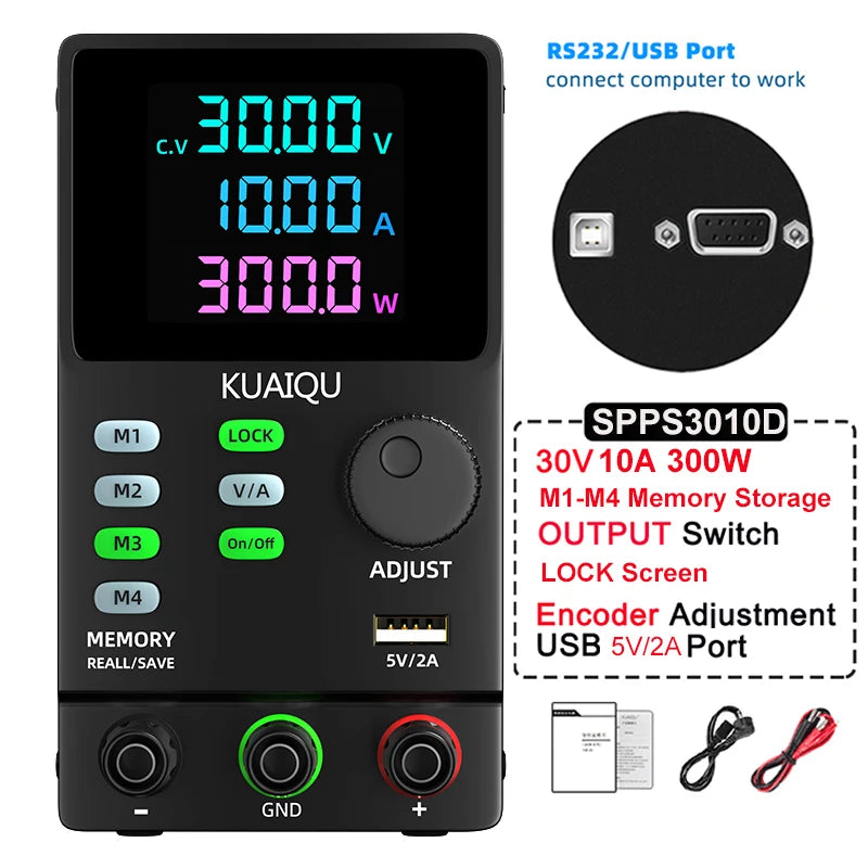 KUAIQU DC Power Supply Variable, 30V 10A Programmable Adjustable Regulated Lab Bench Power Supply with PC Software,Output Switch
