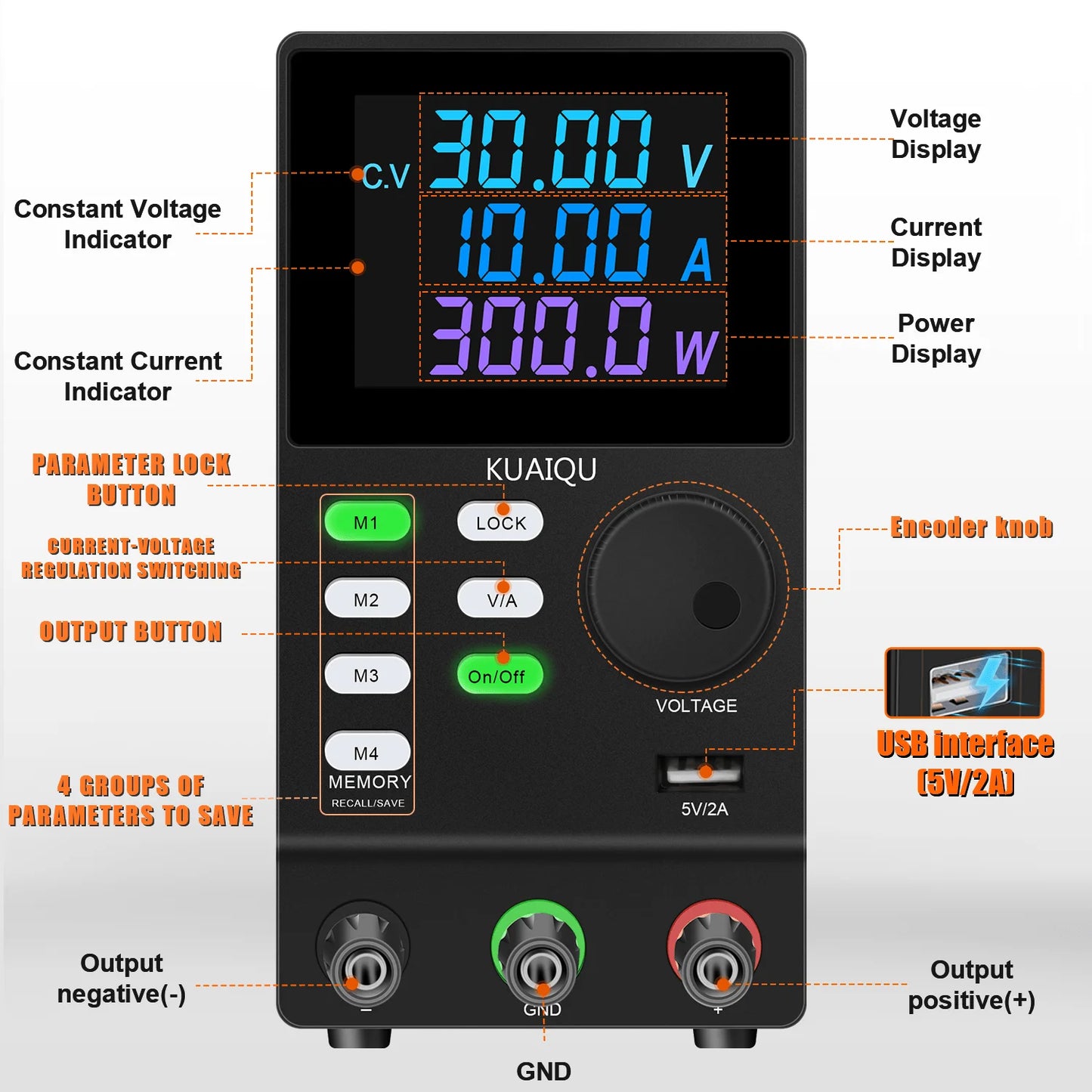 KUAIQU DC Power Supply Variable, 30V 10A Programmable Adjustable Regulated Lab Bench Power Supply with PC Software,Output Switch