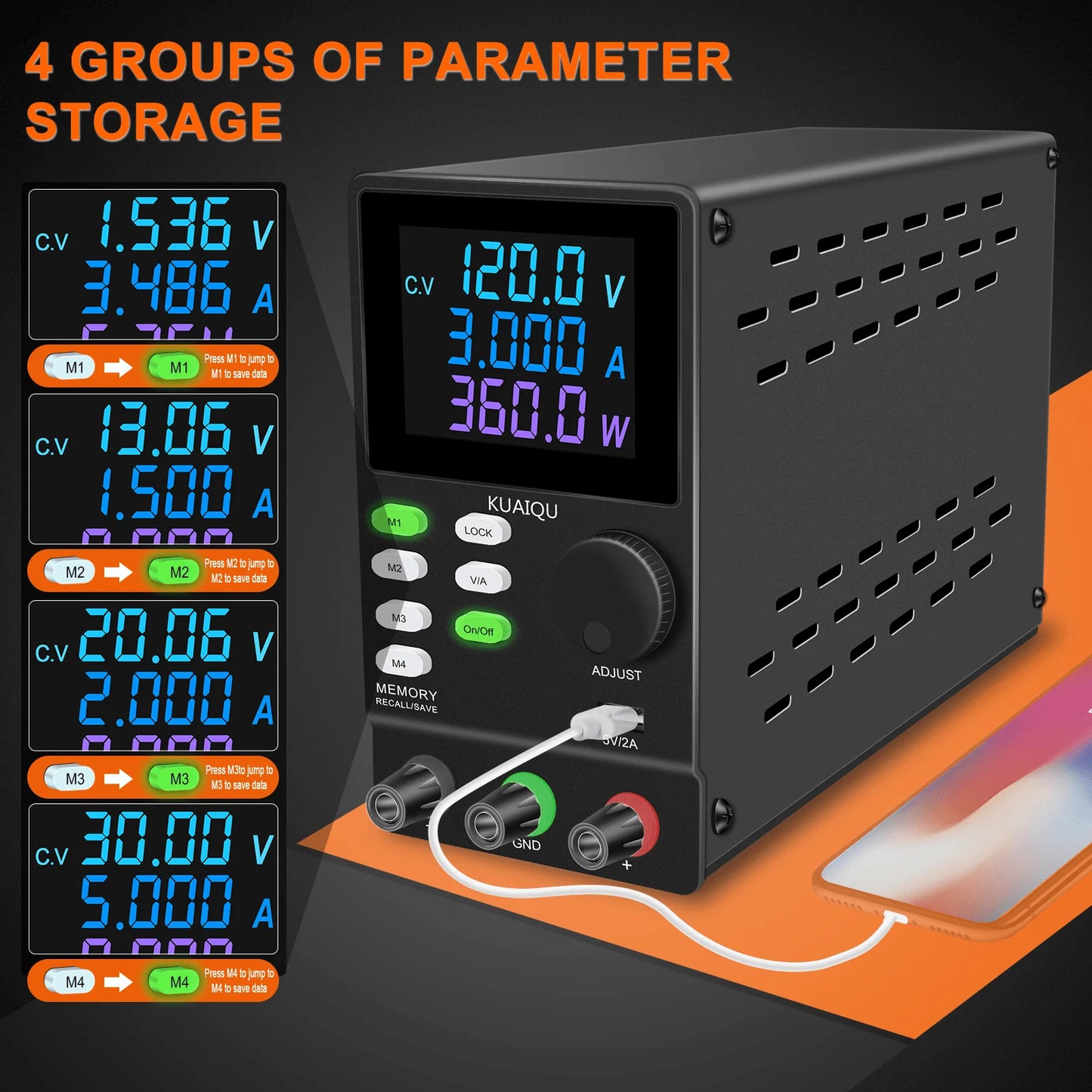 KUAIQU DC Power Supply Variable, 30V 10A Programmable Adjustable Regulated Lab Bench Power Supply with PC Software,Output Switch