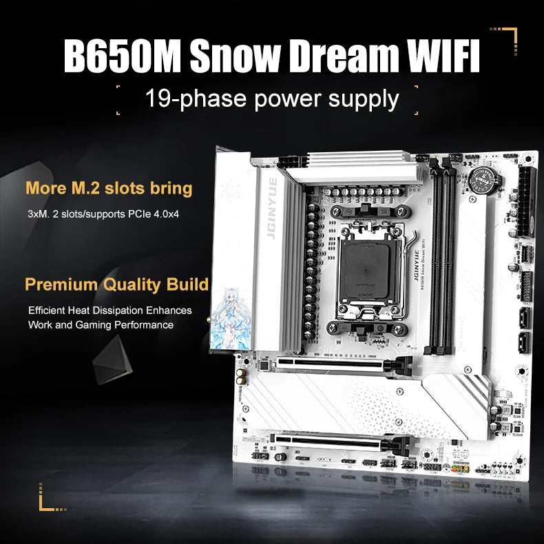 JGINYUE B650M Snow Dream WIFI 6E Motherboard DDR5 AM5 Gaming Desktop Computer DDR5 Motherboard CPU R7 9800X3D/9700X/7800X3D