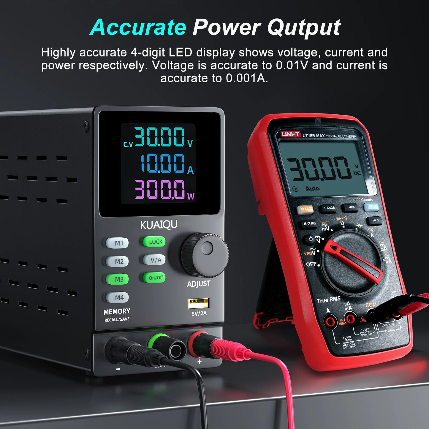 KUAIQU DC Power Supply Variable, 30V 10A Programmable Adjustable Regulated Lab Bench Power Supply with PC Software,Output Switch