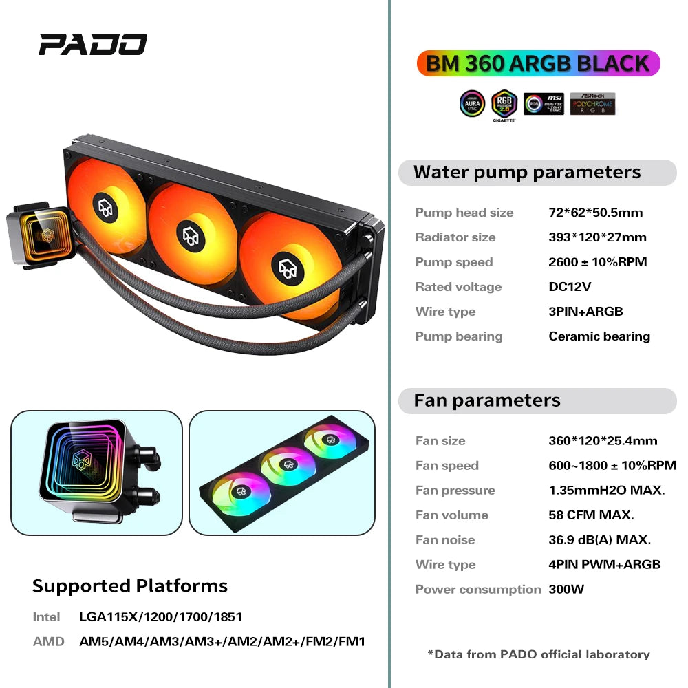 PADO BM360 Cpu Cooler  ARGB Fan Liquid Heatsink Integrated Radiator 360mm Water Cooling For Intel LGA 115X 1700 1851 AMD AM5 AM4