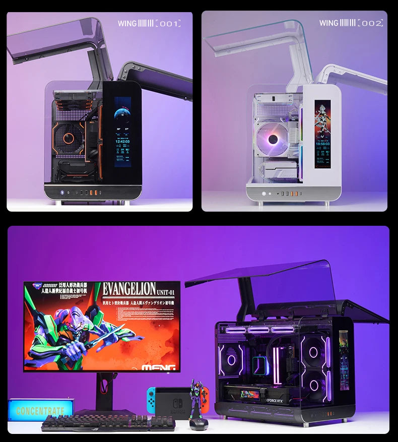 X-GAMERX HUANYI WING MATX Seaview room Case Vertical Desktop Computer 360 Water-cooled Chassis TYPE-C Interface With Screen