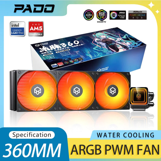 PADO BM360 Cpu Cooler  ARGB Fan Liquid Heatsink Integrated Radiator 360mm Water Cooling For Intel LGA 115X 1700 1851 AMD AM5 AM4