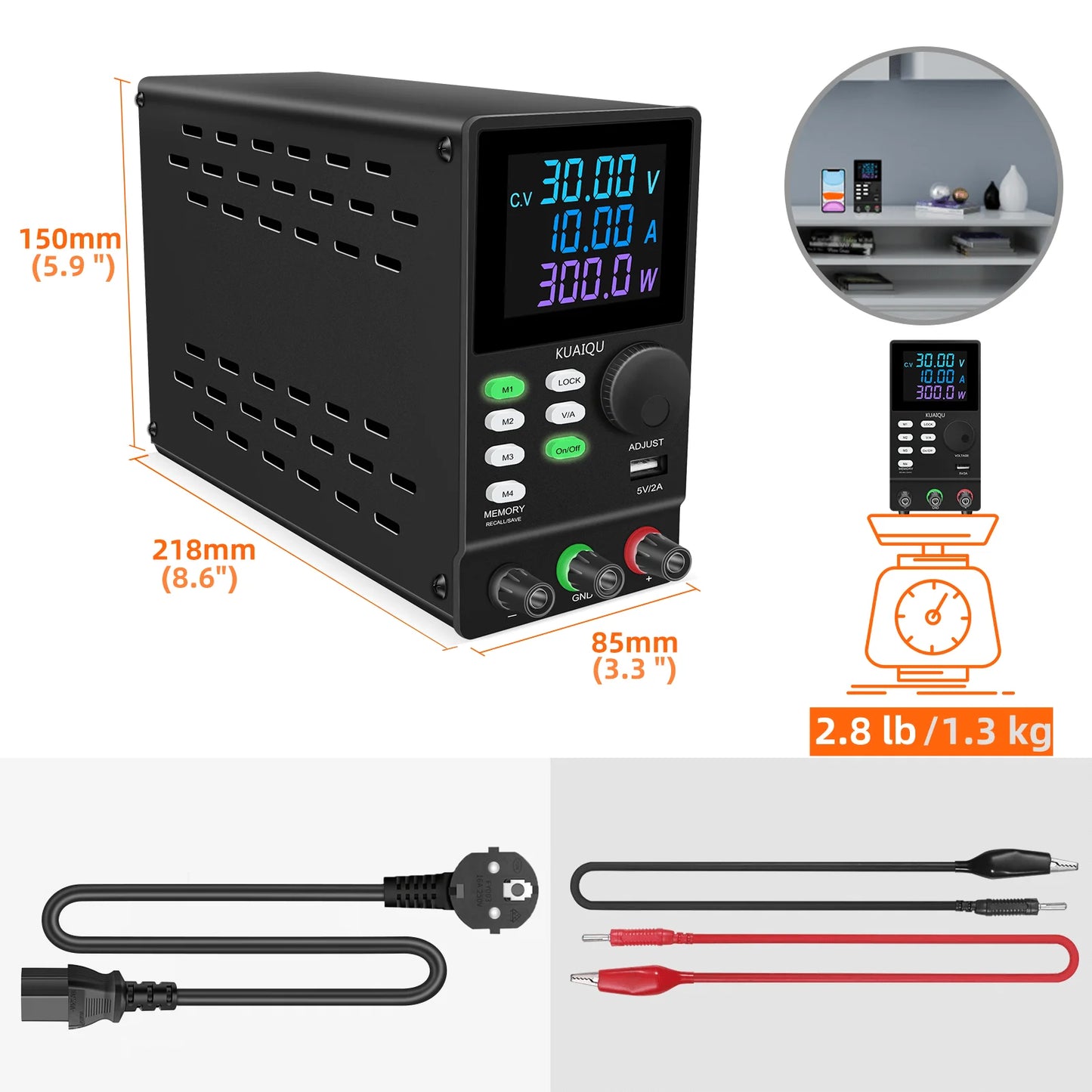 KUAIQU DC Power Supply Variable, 30V 10A Programmable Adjustable Regulated Lab Bench Power Supply with PC Software,Output Switch