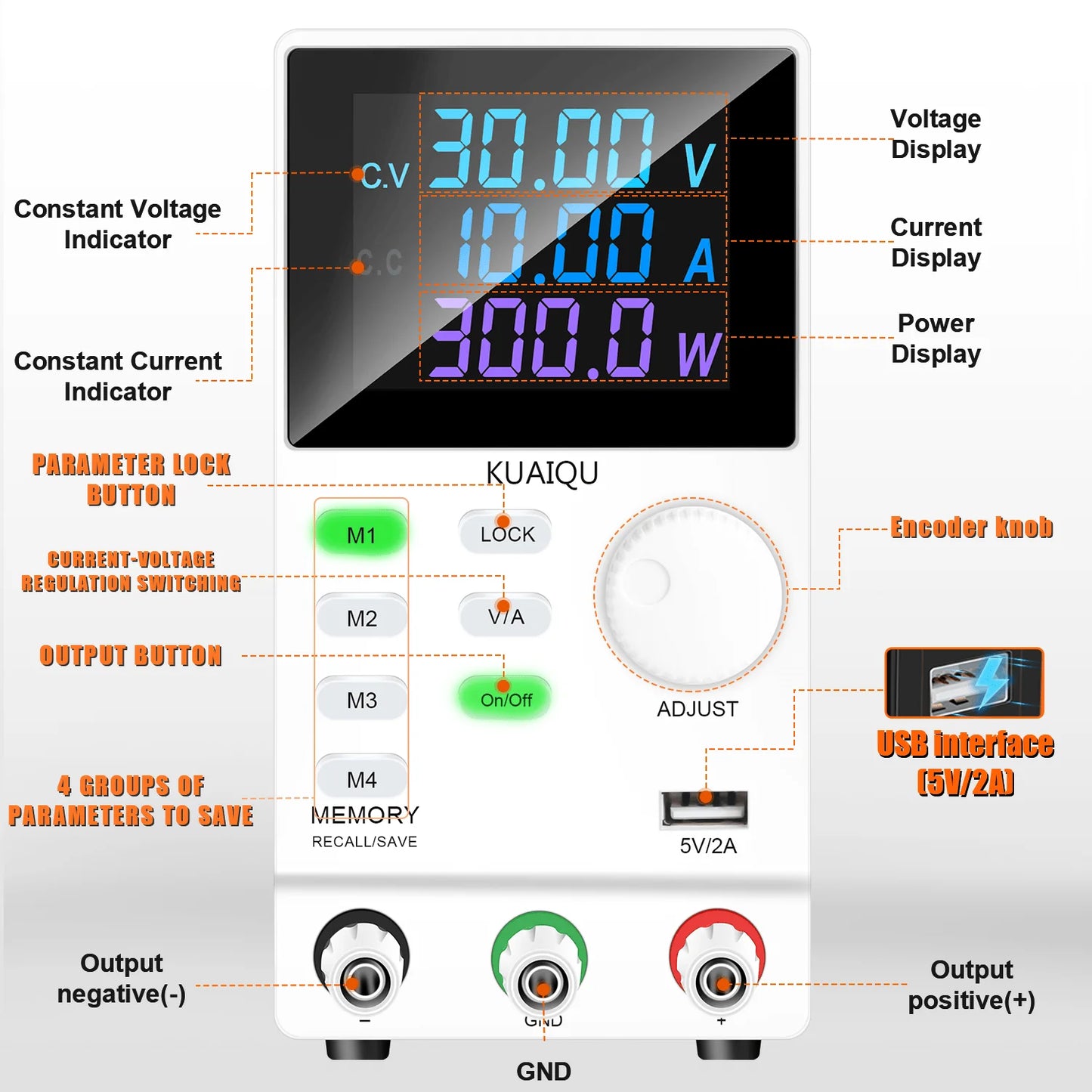 KUAIQU DC Power Supply Variable, 30V 10A Programmable Adjustable Regulated Lab Bench Power Supply with PC Software,Output Switch