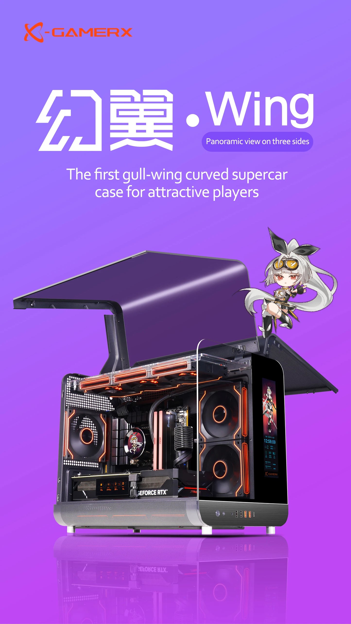 X-GAMERX HUANYI WING MATX Seaview room Case Vertical Desktop Computer 360 Water-cooled Chassis TYPE-C Interface With Screen