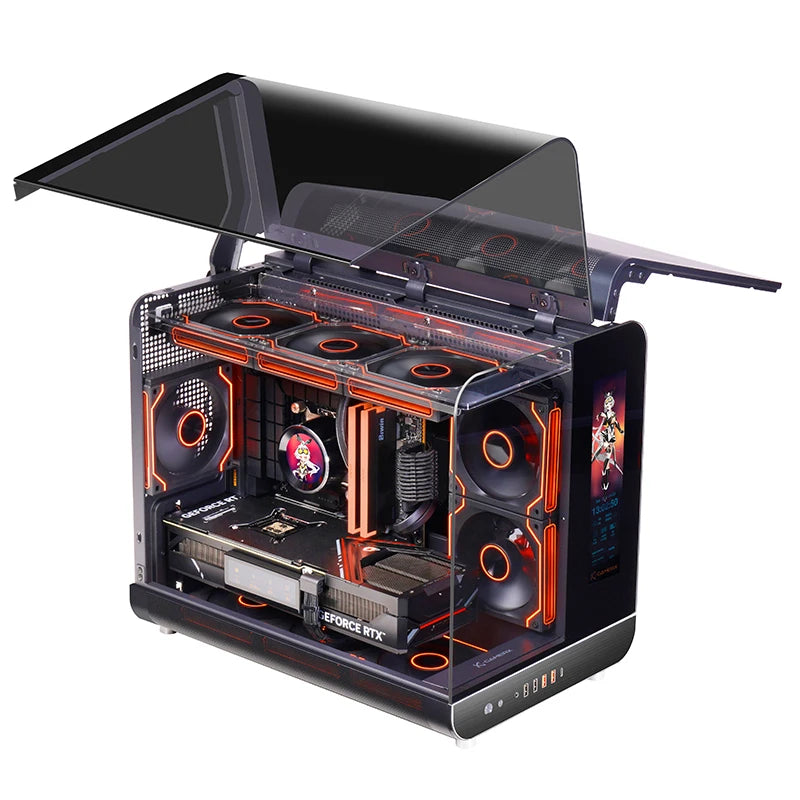 X-GAMERX HUANYI WING MATX Seaview room Case Vertical Desktop Computer 360 Water-cooled Chassis TYPE-C Interface With Screen