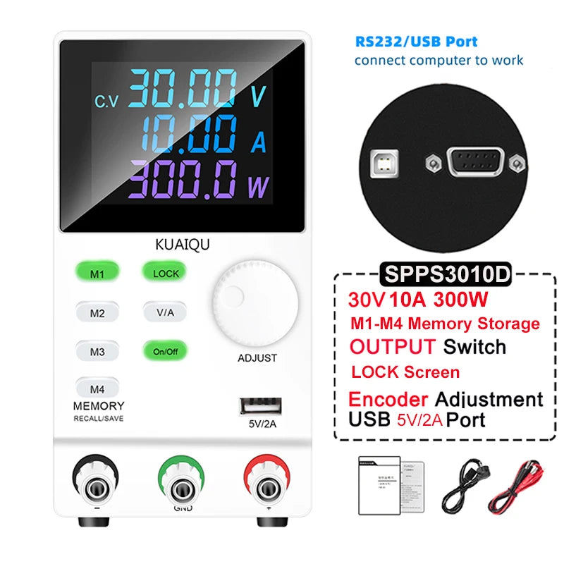 KUAIQU DC Power Supply Variable, 30V 10A Programmable Adjustable Regulated Lab Bench Power Supply with PC Software,Output Switch