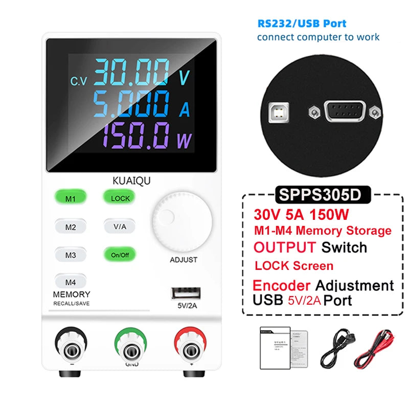 KUAIQU DC Power Supply Variable, 30V 10A Programmable Adjustable Regulated Lab Bench Power Supply with PC Software,Output Switch